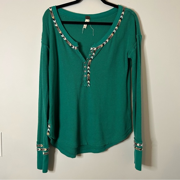 Free People Tops - Free People We The Free Green Embroidered Thermal Henley Long Sleeve Top